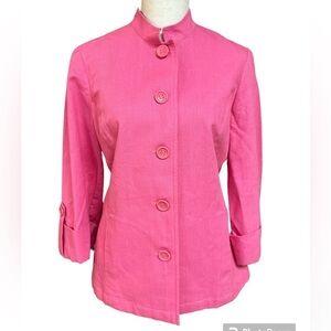 Jones Wear Studio Barbie Pink Mandarin Collar Roll Tab Sleeve Linen Blend Blazer